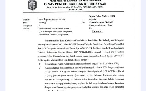 Dinas Pendidikan Murung Raya Tetapkan Libur Khusus Bulan Puasa Ramadhan 2024
