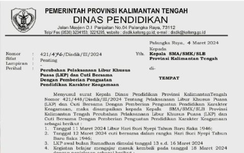 Disdik Kalteng Tetapkan Libur Khusus Puasa dan Cuti Bersama